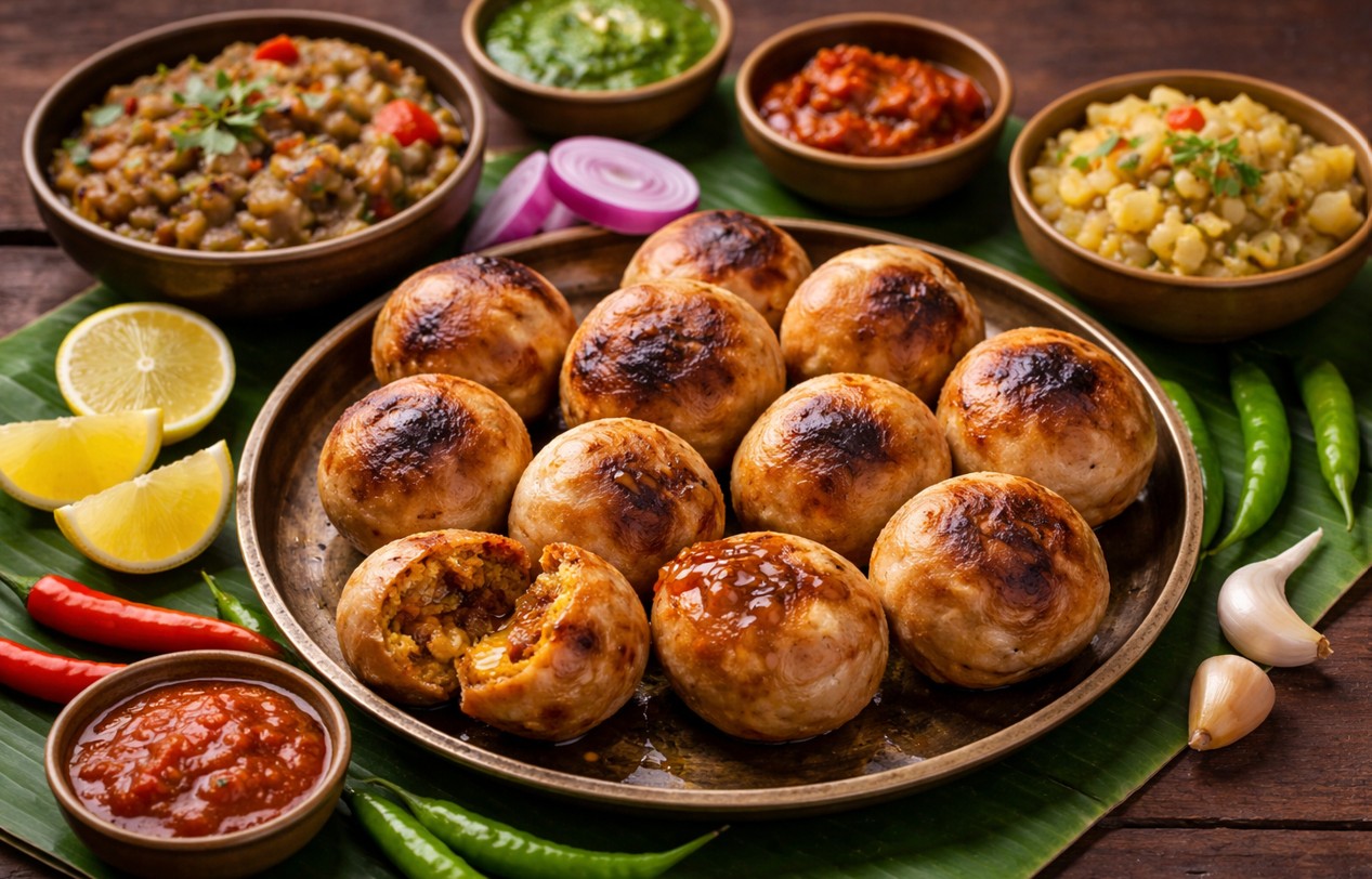 Traditional Bihari food featuring litti chokha served with chutneys and vegetables